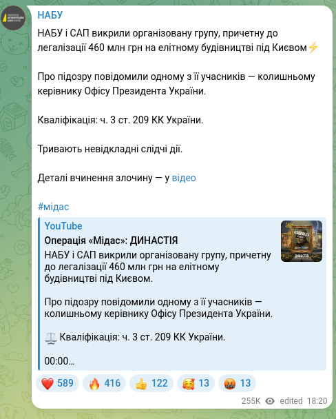 Screenshot of a Telegram post: НАБУ і САП викрили організовану групу, причетну до легалізації 460 млн грн на е…