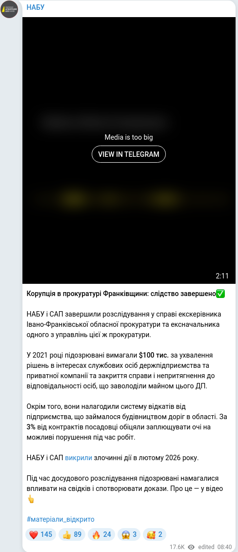 Скріншот Telegram-публікації