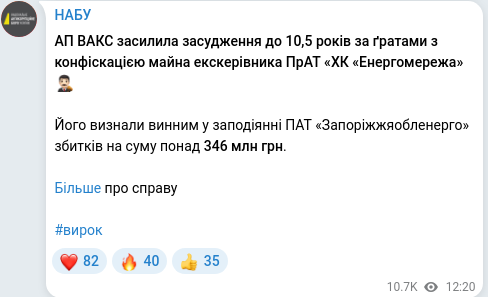 Скріншот Telegram-публікації