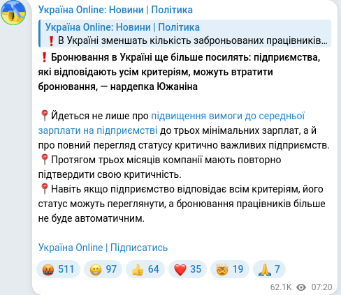 Скріншот Telegram-публікації
