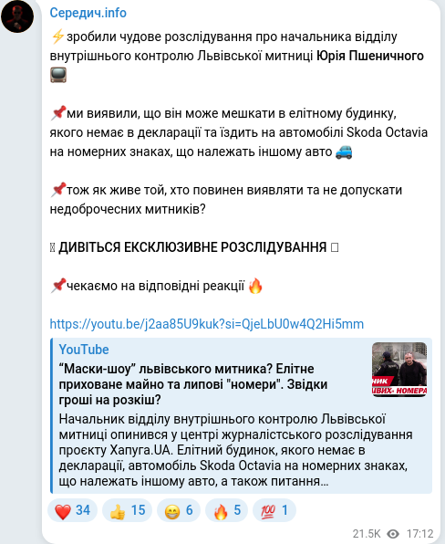 Скріншот Telegram-публікації