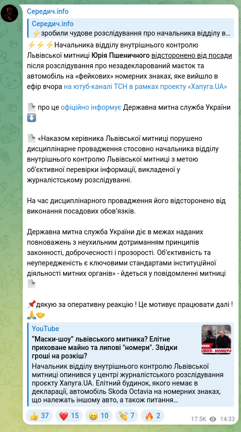 Screenshot of a Telegram post: ⚡️⚡️⚡️Начальника відділу внутрішнього контролю Львівської митниці Юрія Пшени…
