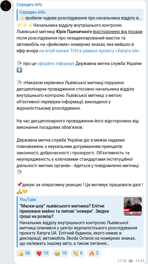 Скріншот Telegram-публікації