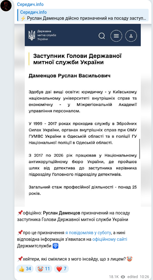 Скріншот Telegram-публікації