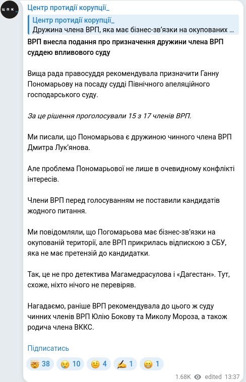 Скріншот Telegram-публікації