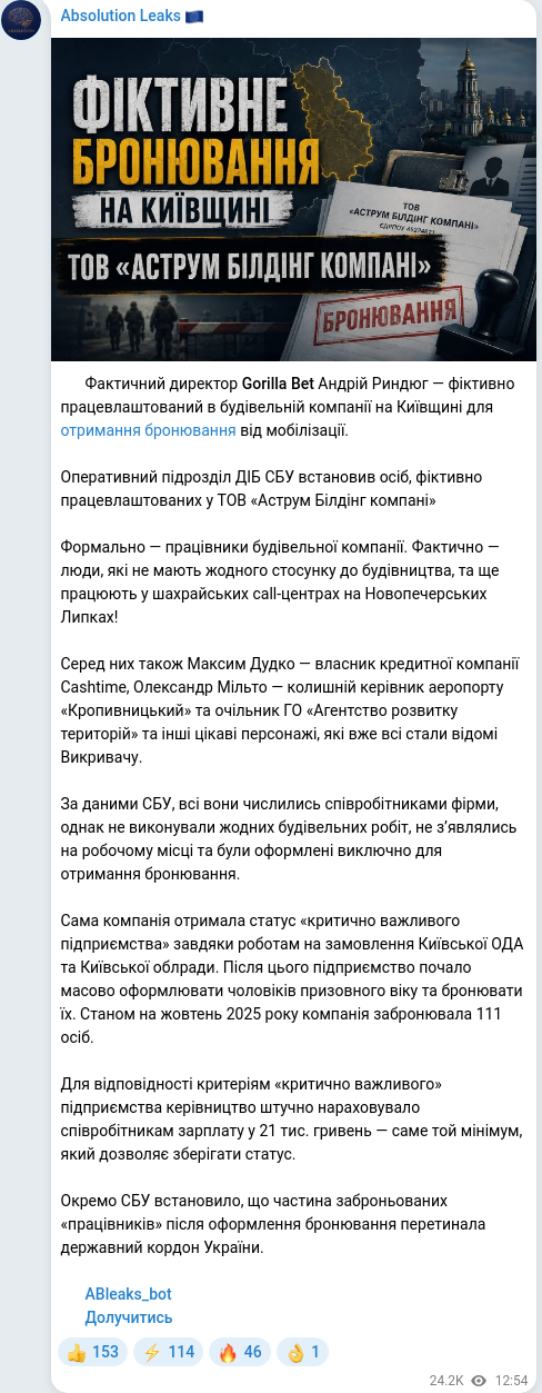 Скріншот Telegram-публікації