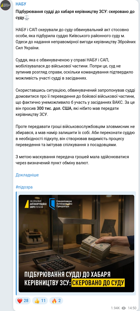 Скріншот Telegram-публікації