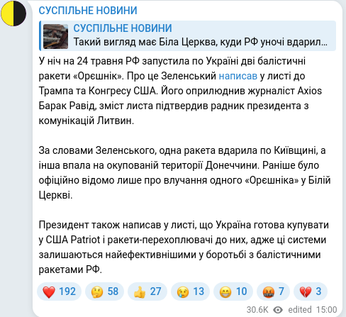 Скріншот Telegram-публікації