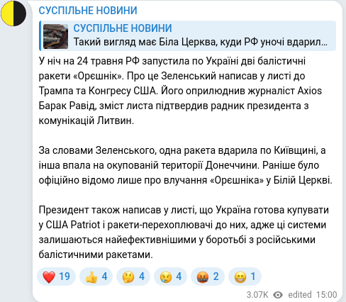 Скріншот Telegram-публікації