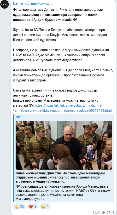 Скріншот Telegram-публікації