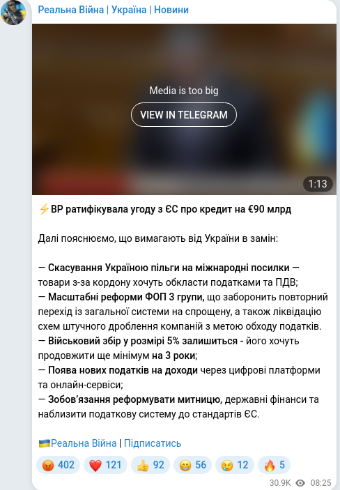 Скріншот Telegram-публікації