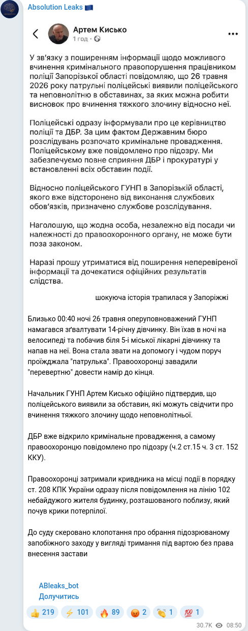 Скріншот Telegram-публікації
