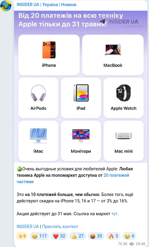 Скріншот Telegram-публікації