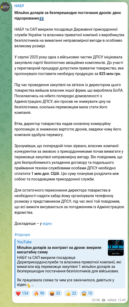 Screenshot of a Telegram post: Мільйон доларів за безперешкодне постачання дронів: двоє підозрюваних👥 НАБУ та…