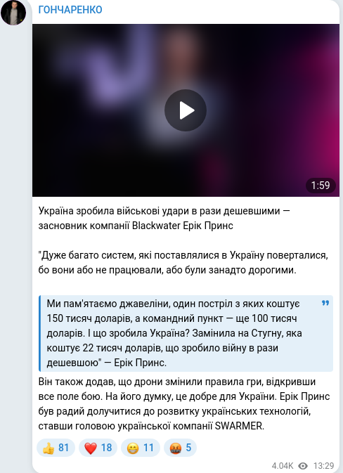 Скріншот Telegram-публікації