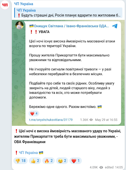 Скріншот Telegram-публікації