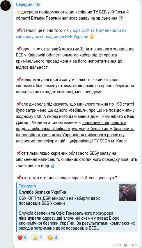 Скріншот Telegram-публікації