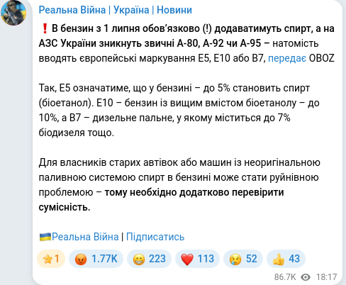 Скріншот Telegram-публікації