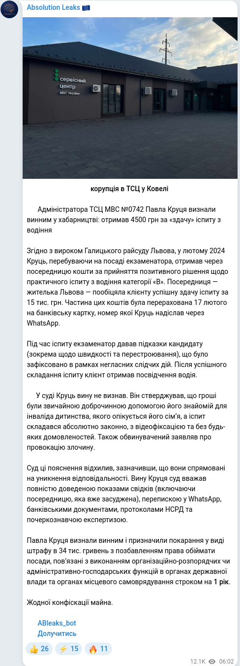 Скріншот Telegram-публікації