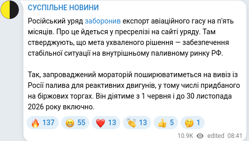 Скріншот Telegram-публікації