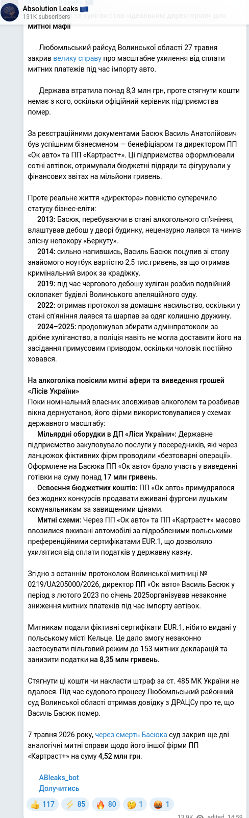 Скріншот Telegram-публікації