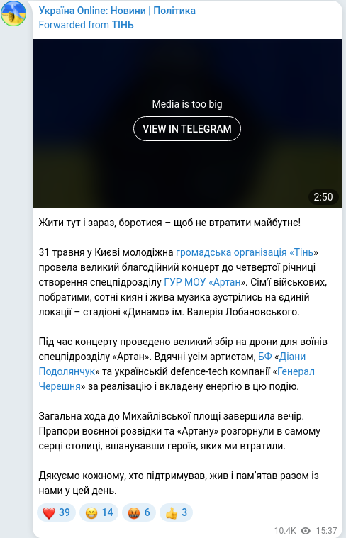 Скріншот Telegram-публікації