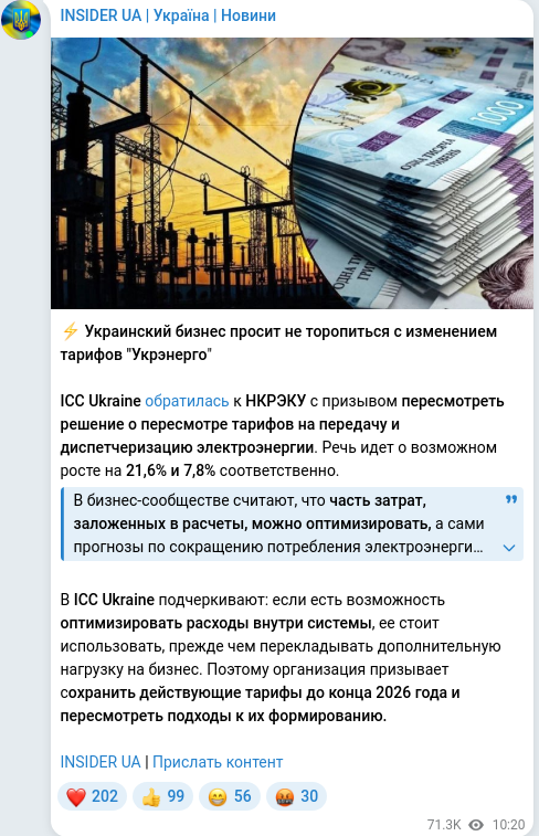 Скріншот Telegram-публікації