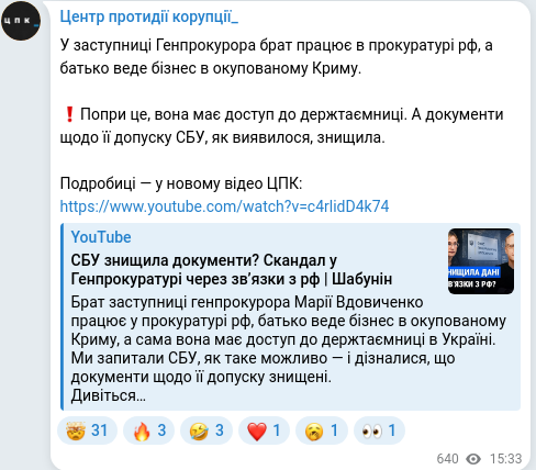 Скріншот Telegram-публікації