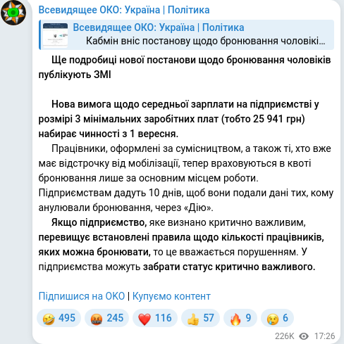 Скріншот Telegram-публікації