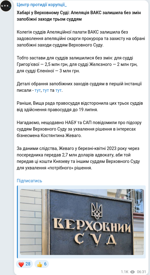 Скріншот Telegram-публікації