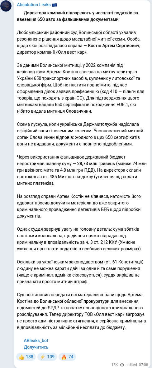 Скріншот Telegram-публікації