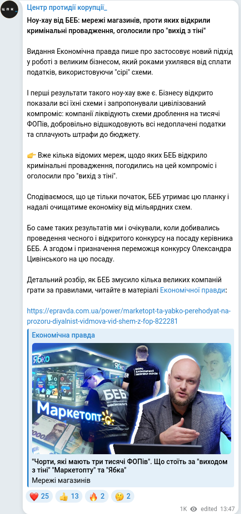 Скріншот Telegram-публікації