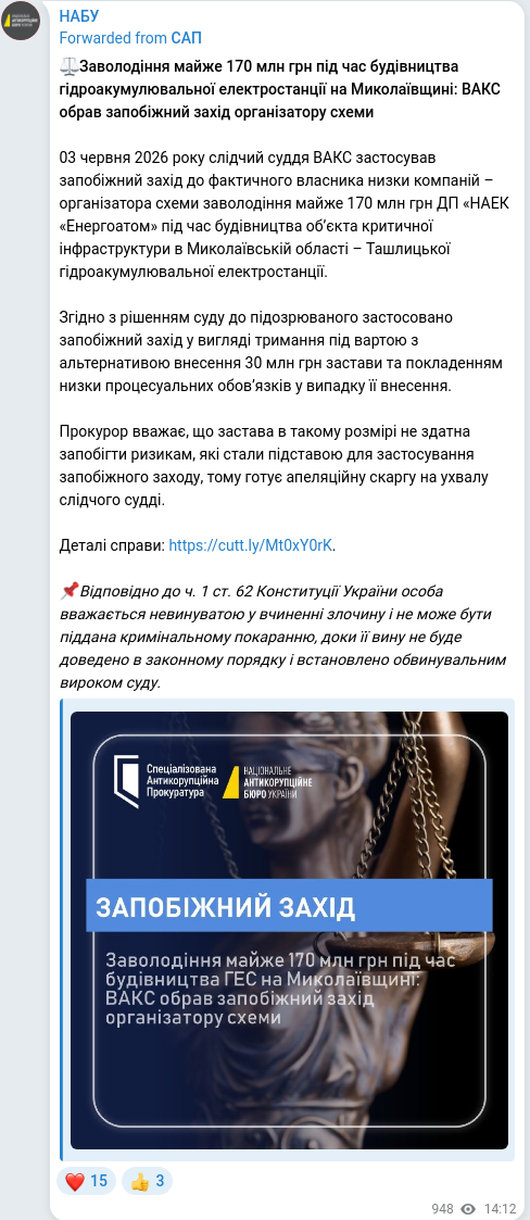Скріншот Telegram-публікації