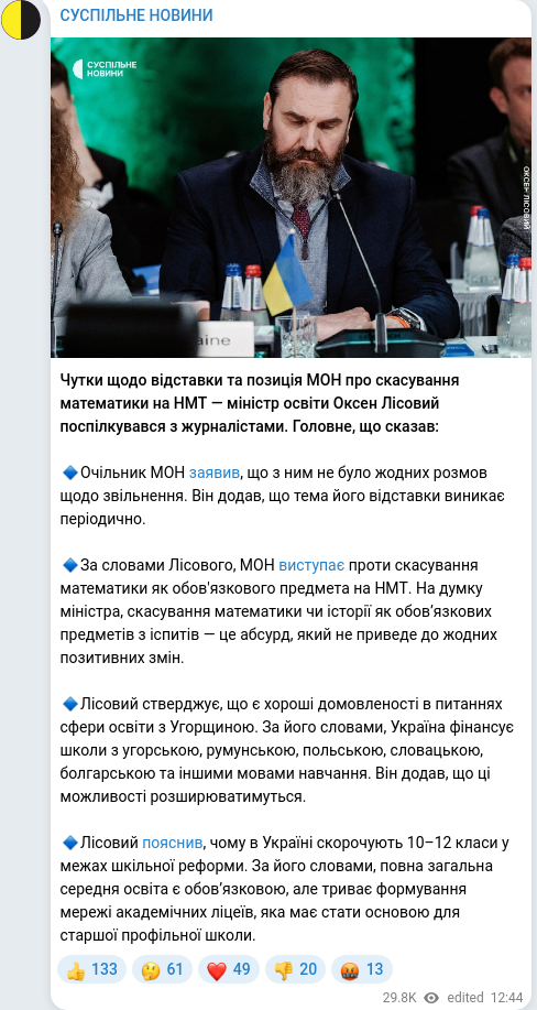Скріншот Telegram-публікації
