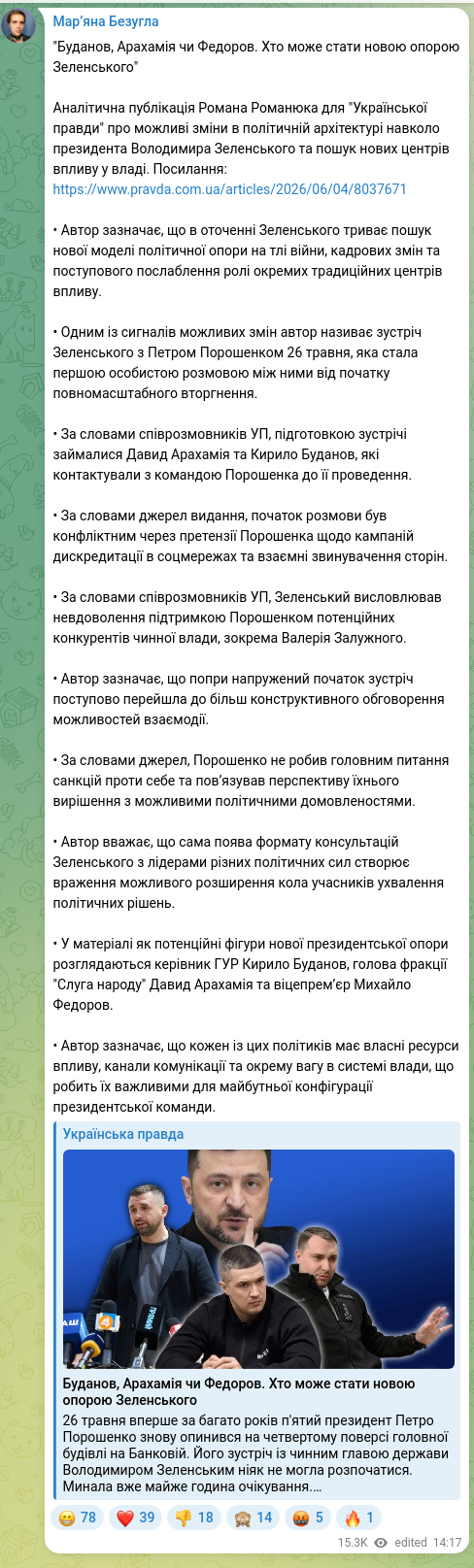 Screenshot of a Telegram post: Arakhamia David Georgiyovych — "Буданов, Арахамія чи Федоров. Хто може стати новою опорою Зел…