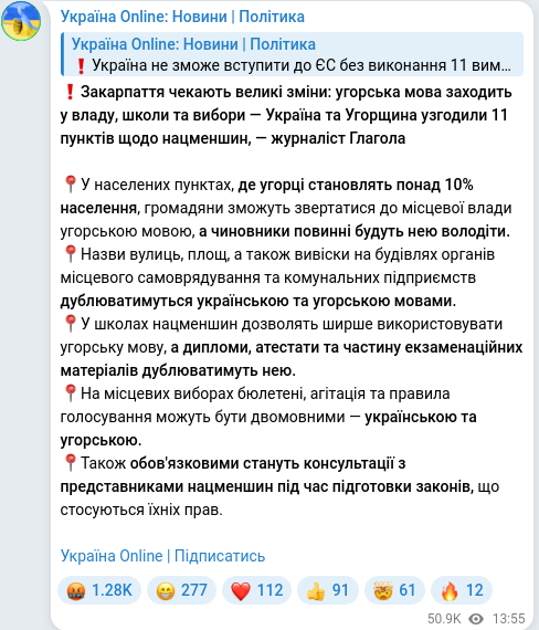 Скріншот Telegram-публікації