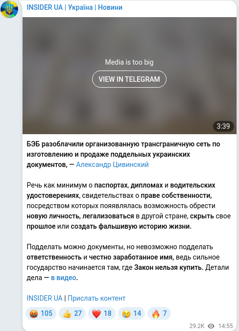 Скріншот Telegram-публікації