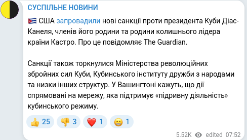 Скріншот Telegram-публікації