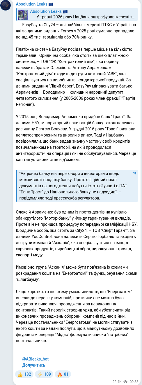 Скріншот Telegram-публікації
