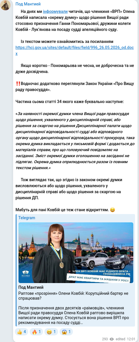 Скріншот Telegram-публікації