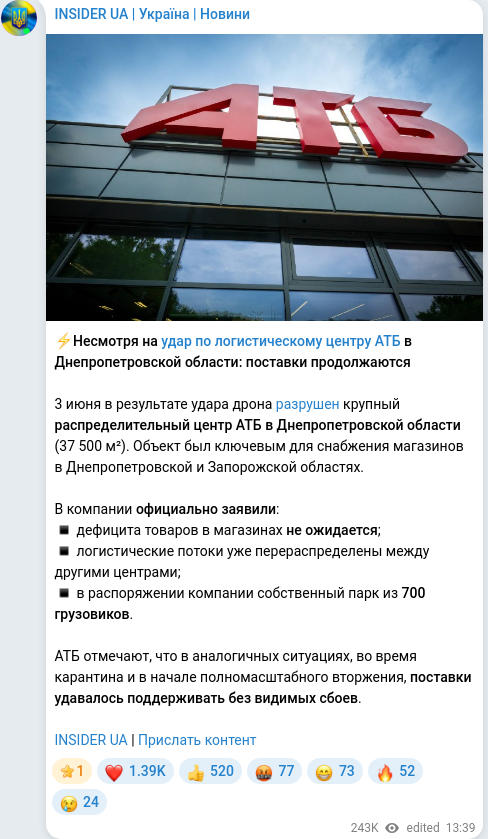 Скріншот Telegram-публікації
