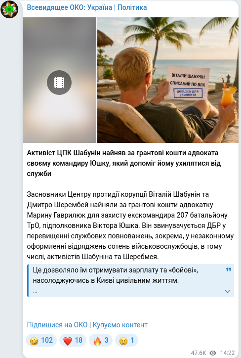 Скріншот Telegram-публікації