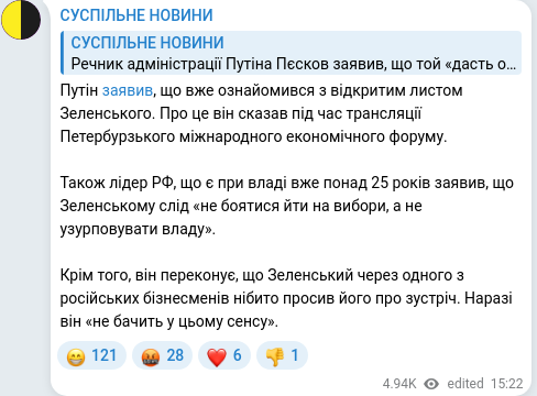 Скріншот Telegram-публікації