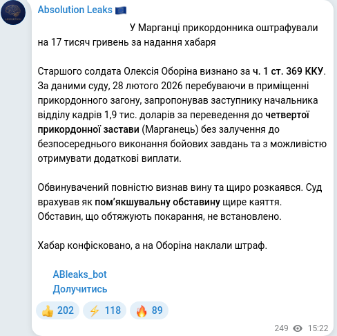 Скріншот Telegram-публікації
