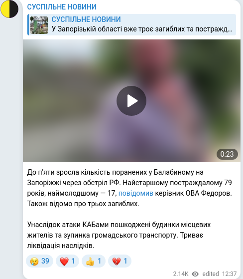 Скріншот Telegram-публікації