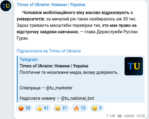 Скріншот Telegram-публікації