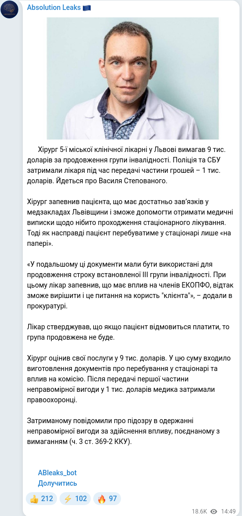 Скріншот Telegram-публікації