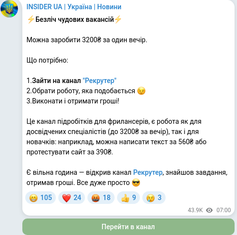 Скріншот Telegram-публікації