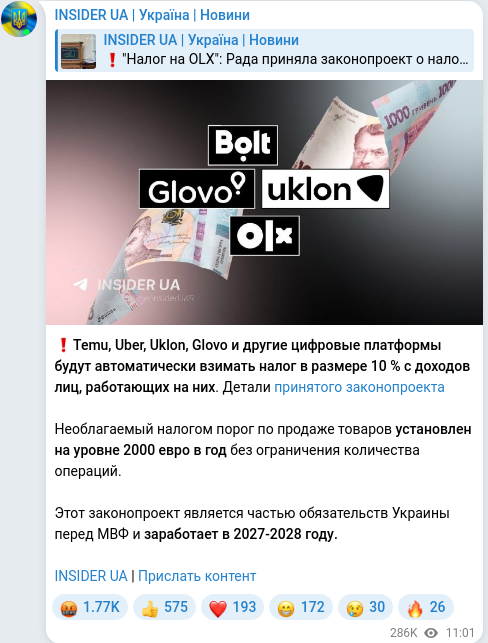 Скріншот Telegram-публікації