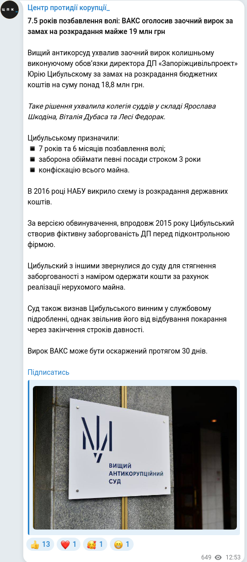 Скріншот Telegram-публікації